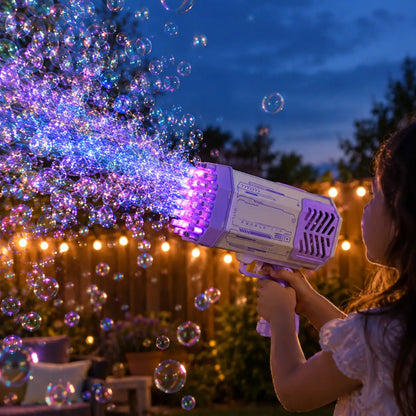 Rocket bubble blaster with LED lights glowing through bubbles at dusk
