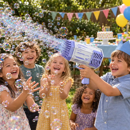 Children at a garden birthday party surrounded by bubbles from the rocket blaster