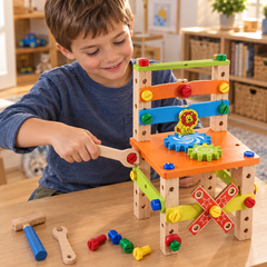 Boy tightening a bolt on a fully assembled wooden build-your-own chair