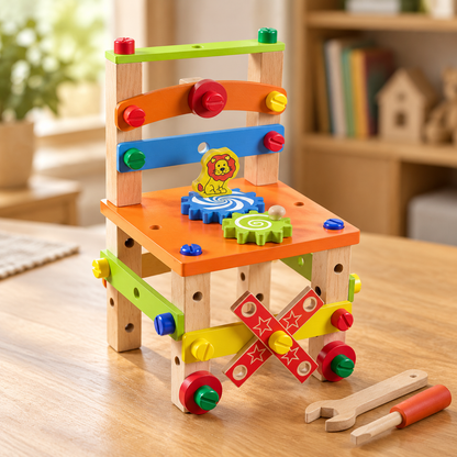 Close-up of the wooden nuts, bolts and screwdriver used to build the chair