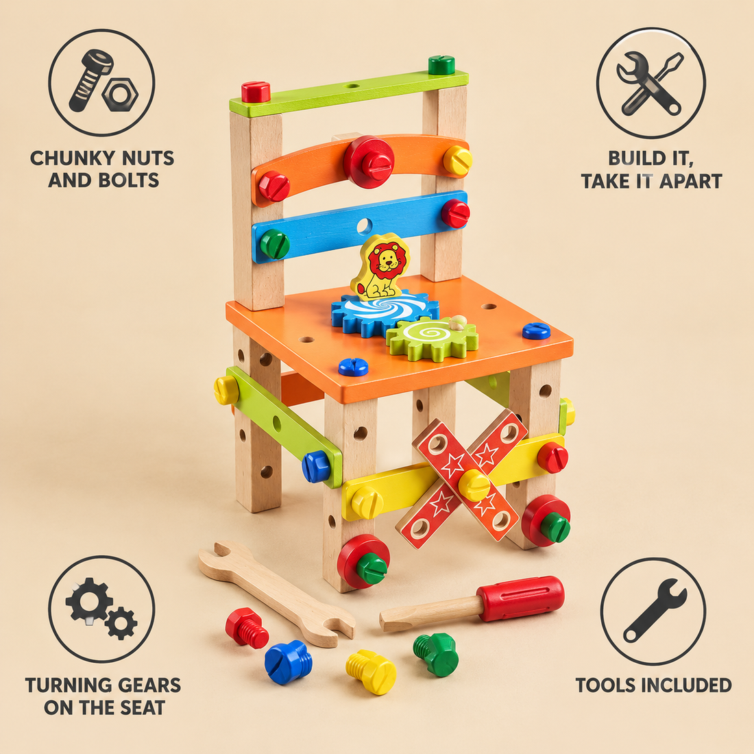 Build-your-own chair feature callouts: real hardware, sanded wood and a seat that holds a child