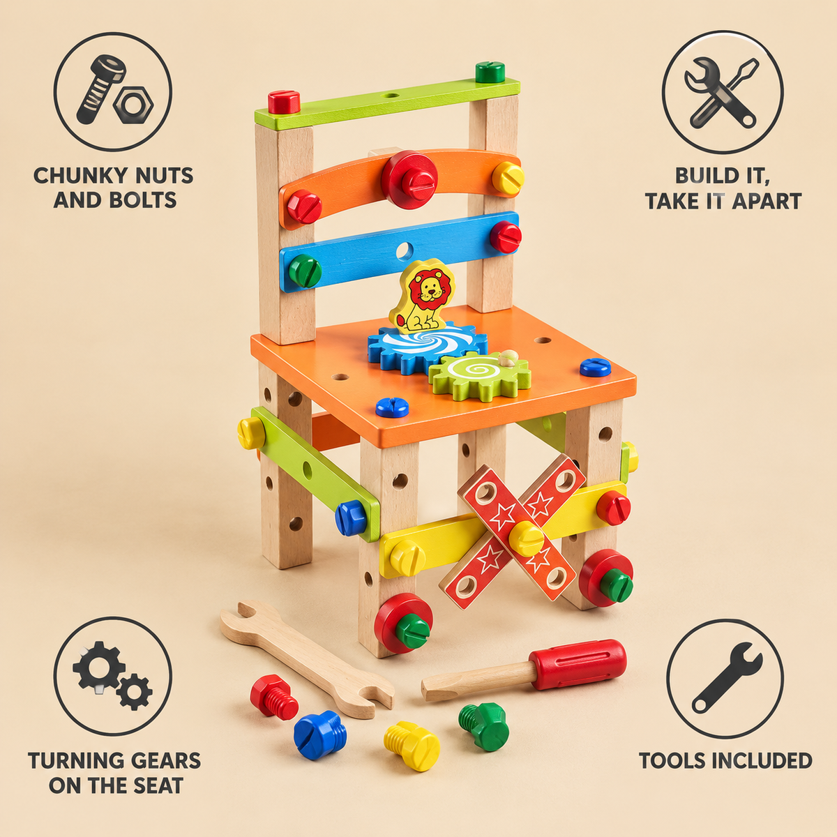 Build-your-own chair feature callouts: real hardware, sanded wood and a seat that holds a child