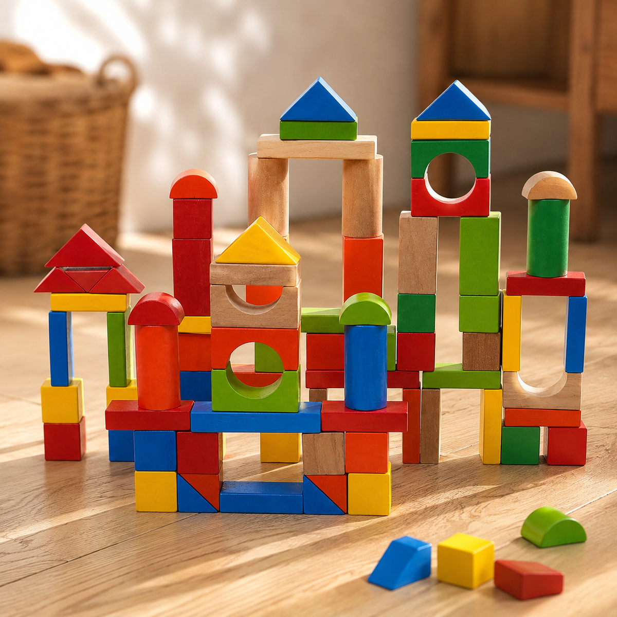 Close-up of a finished wooden block castle with arches and turrets