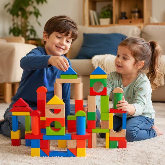 Two children building a large wooden castle together on a rug