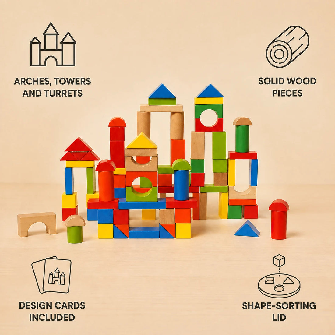 Castle Construction Set features: arches, towers and turrets, solid wood pieces, design cards included, shape-sorting lid
