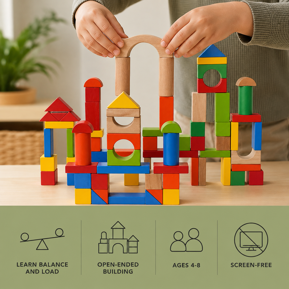 Castle Construction Set benefits: balance and load, open-ended building, ages 4 to 8, screen-free