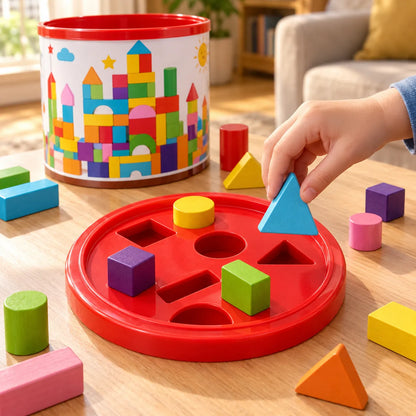 Child posting a blue triangular block through the matching opening in the red shape-sorting barrel lid