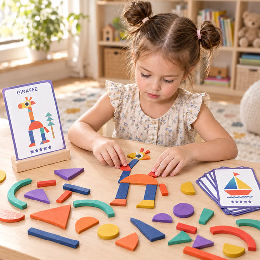 Child building a giraffe from wooden shape pieces beside a star-rated pattern card