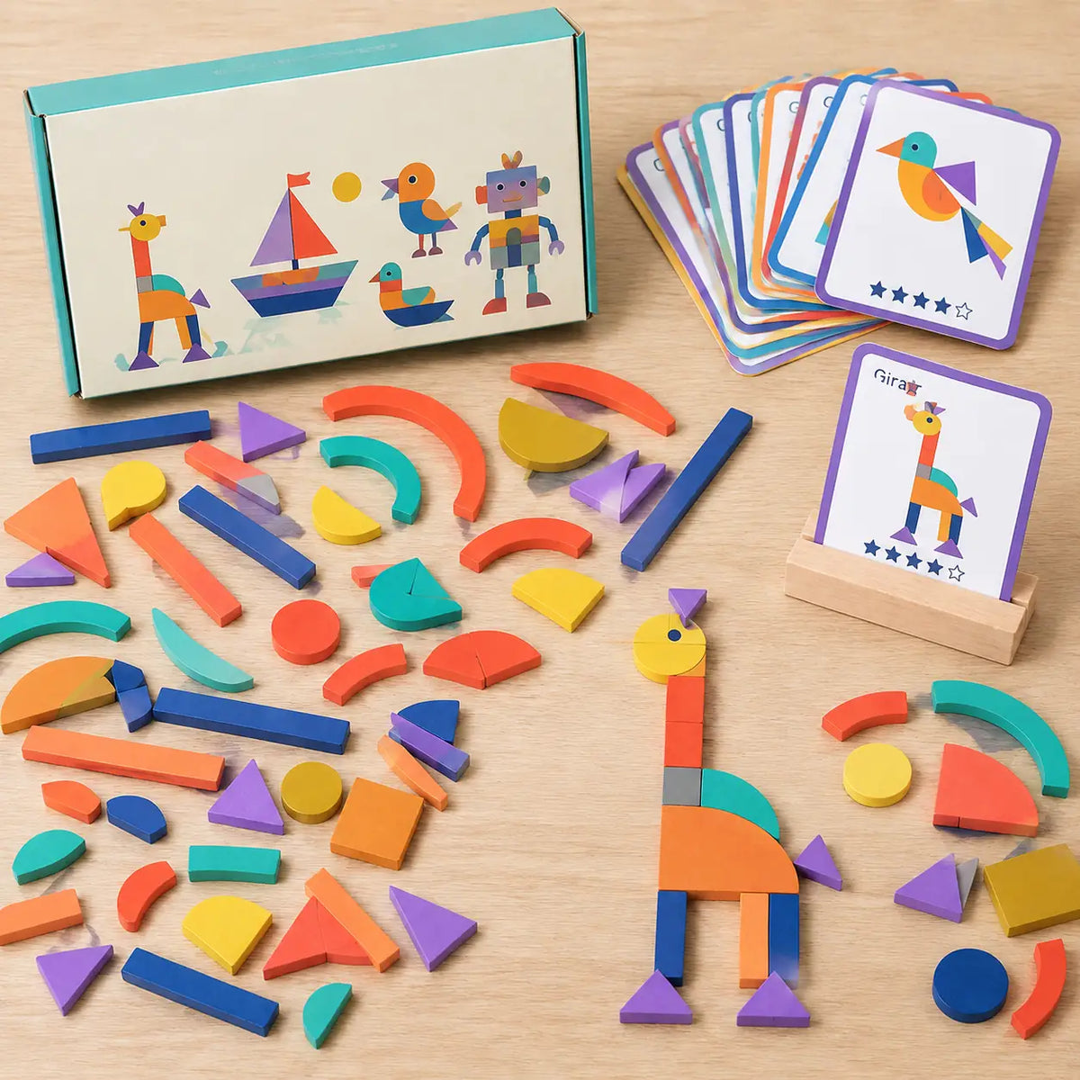 The hundred wooden shape pieces spread out with the box and pattern cards