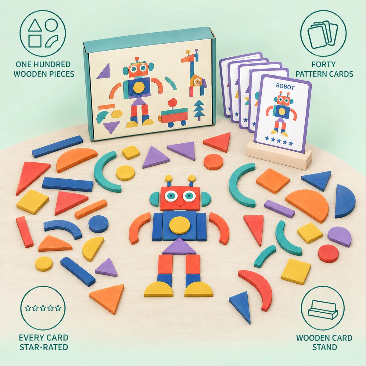 Creative Shape Puzzles features: 100 wooden pieces, 40 pattern cards, star ratings and a card stand