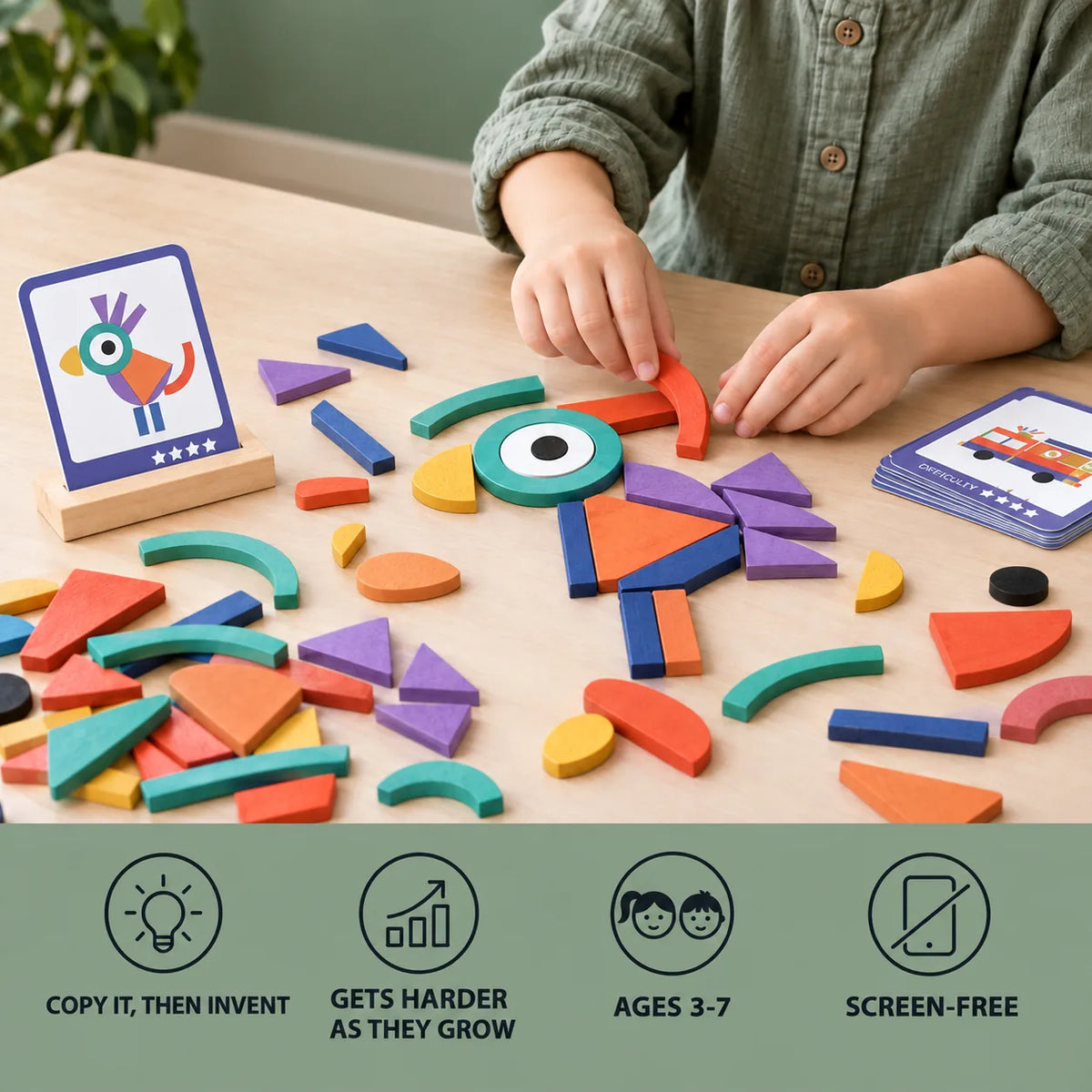 Creative Shape Puzzles benefits: copy it then invent, gets harder as they grow, ages 3 to 7, screen-free