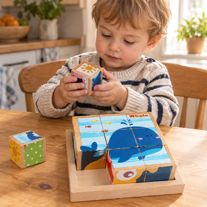 Two-year-old turning a wooden picture cube in both hands at the kitchen table