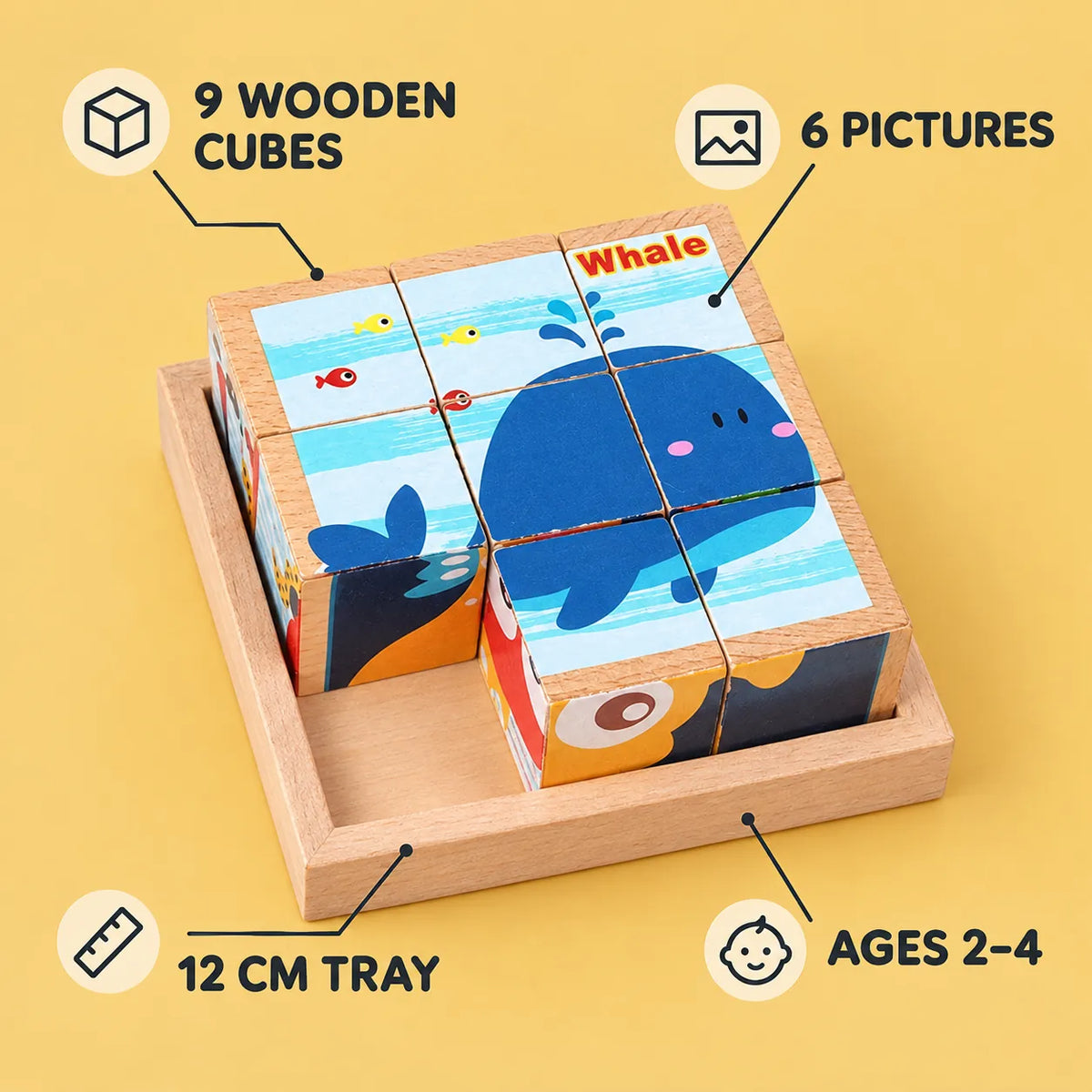 Picture cube puzzle features: 9 wooden cubes, 6 pictures, 12 cm tray, ages 2 to 4