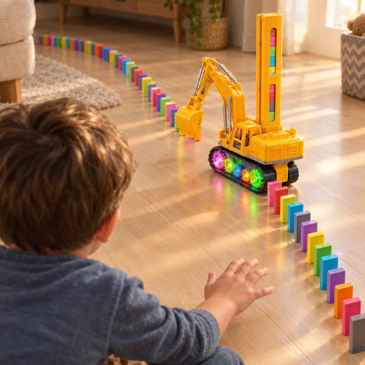 Boy watching the domino train digger lay a long curving line of coloured dominoes across the floor