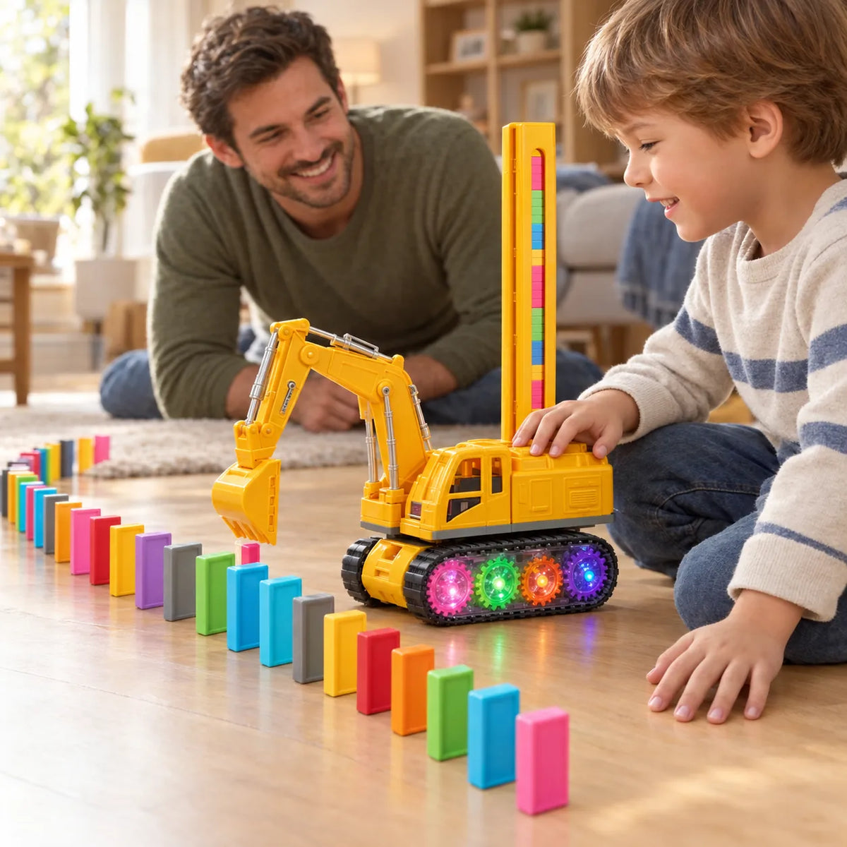 Boy and his father playing with the domino laying excavator on the living room floor