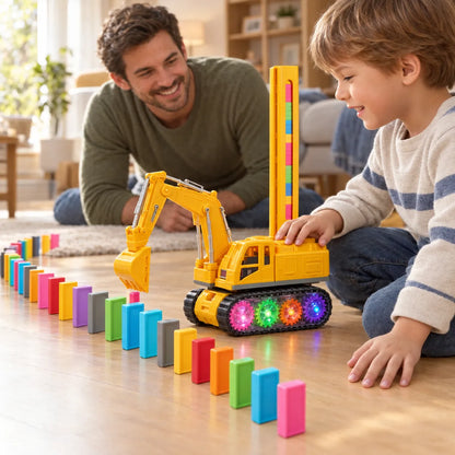 Boy and his father playing with the domino laying excavator on the living room floor