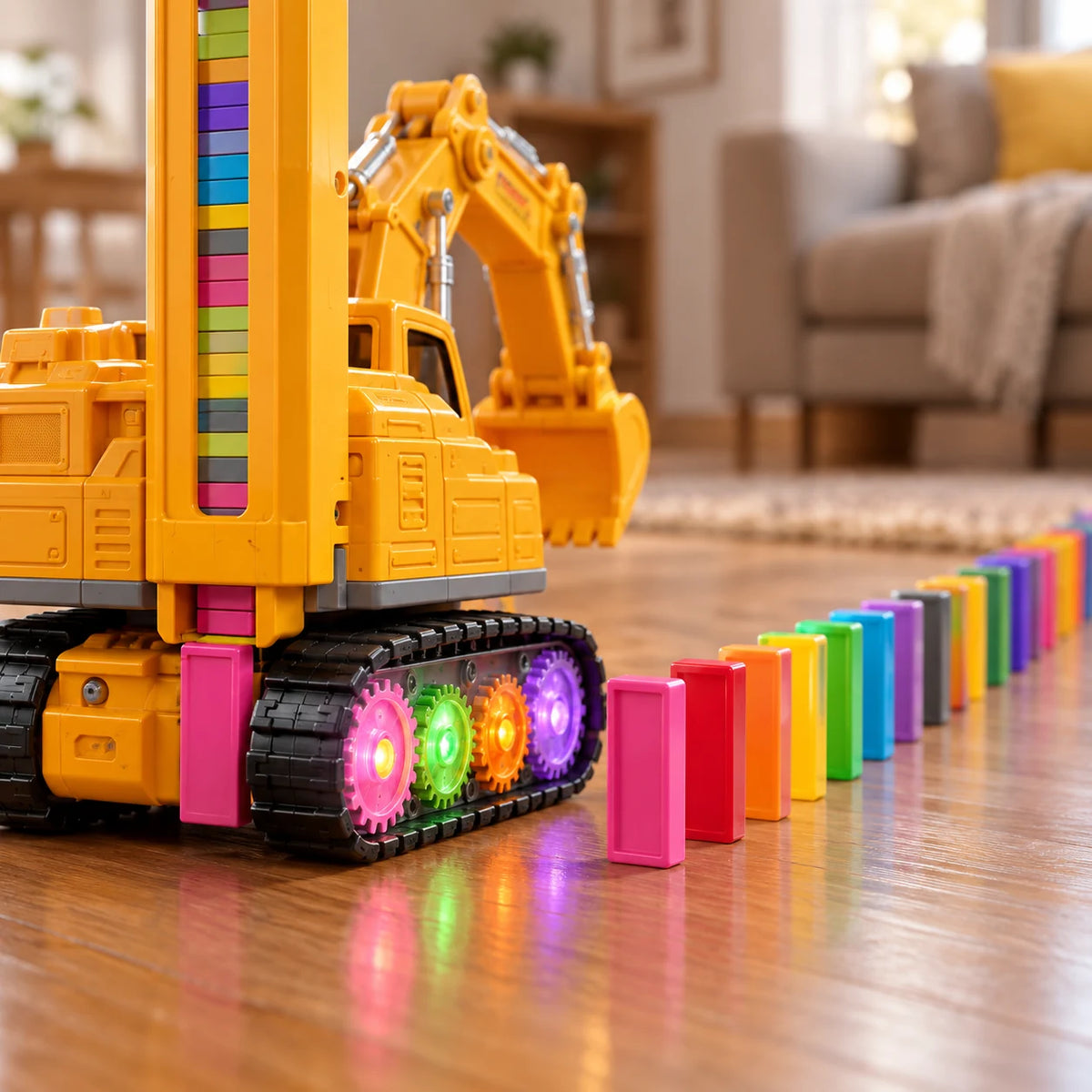 Close-up of the excavator releasing a domino from its magazine, light-up cogs glowing in the tracks