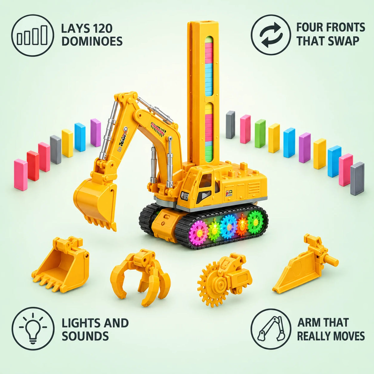 Domino train digger features: lays 120 dominoes, four fronts that swap, lights and sounds, arm that really moves