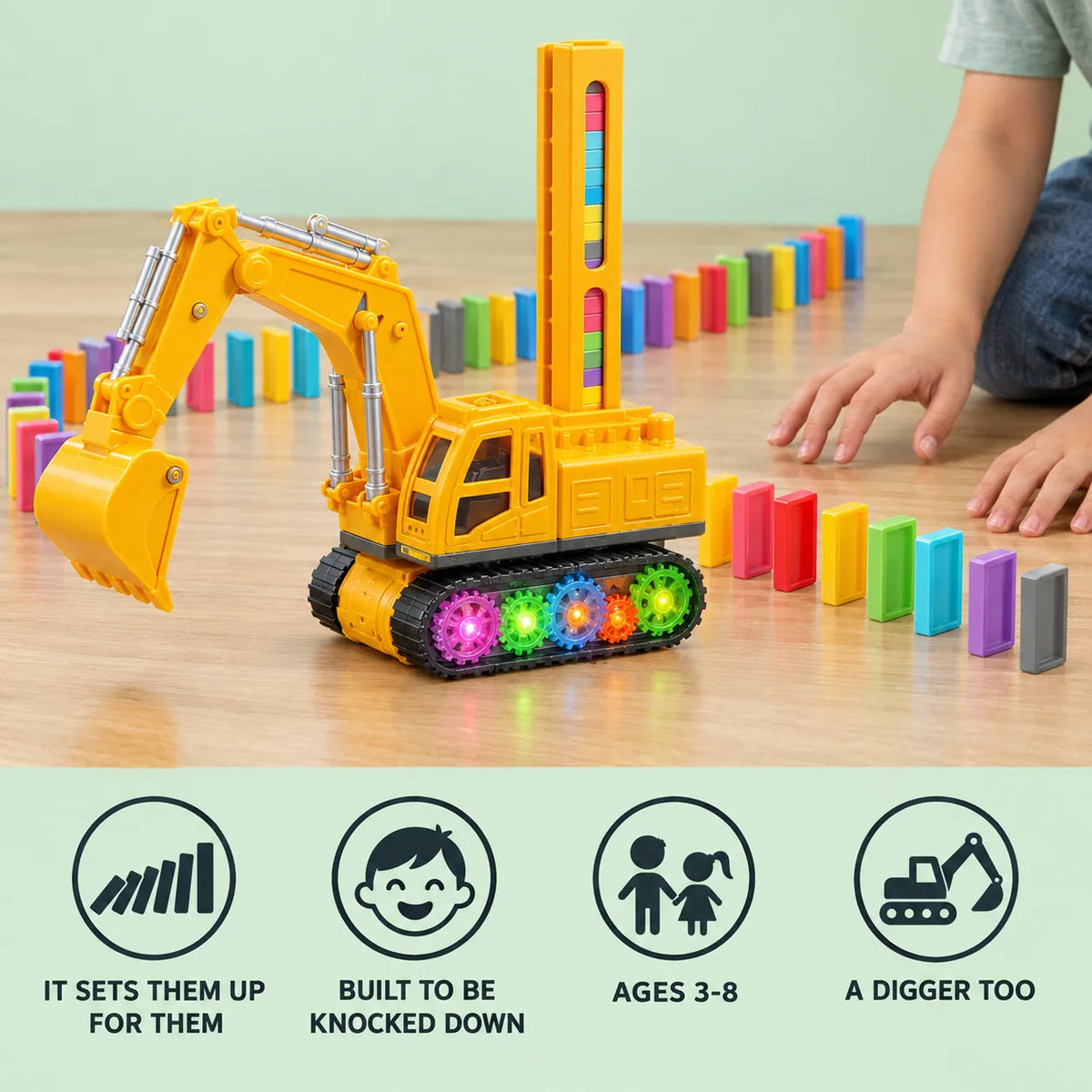 Domino train digger benefits: it sets them up for them, built to be knocked down, ages 3 to 8, a digger too