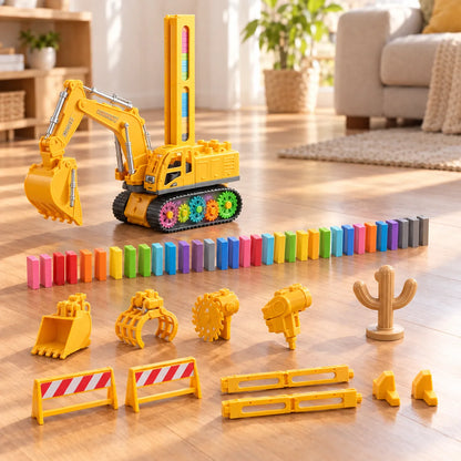 Everything in the box: the excavator, 120 dominoes, four swappable fronts, cactus, roadblocks, steering rods and end stops