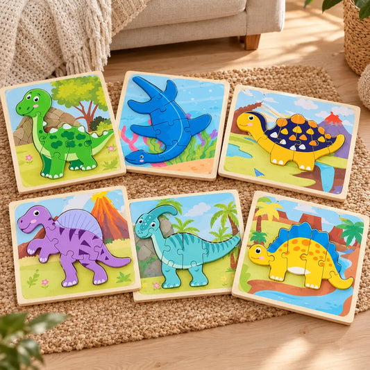 Six chunky wooden dinosaur puzzle boards from Set A fanned out on a rug, every piece in place