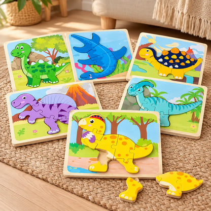 Six chunky wooden dinosaur puzzle boards fanned on a rug, one with two pieces lifted out