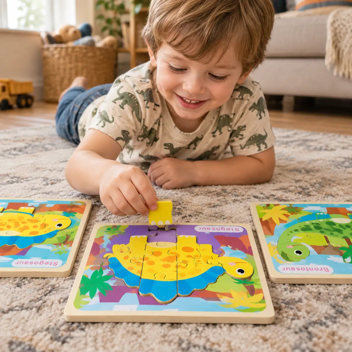 Three-year-old pressing the last piece into a wooden stegosaurus puzzle
