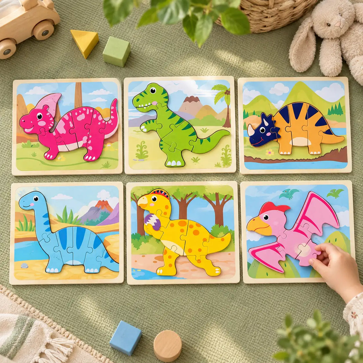 Set B dinosaur puzzles laid out: T-Rex, Triceratops, Brachiosaurus, Pterodactyl, Oviraptor, Corythosaurus