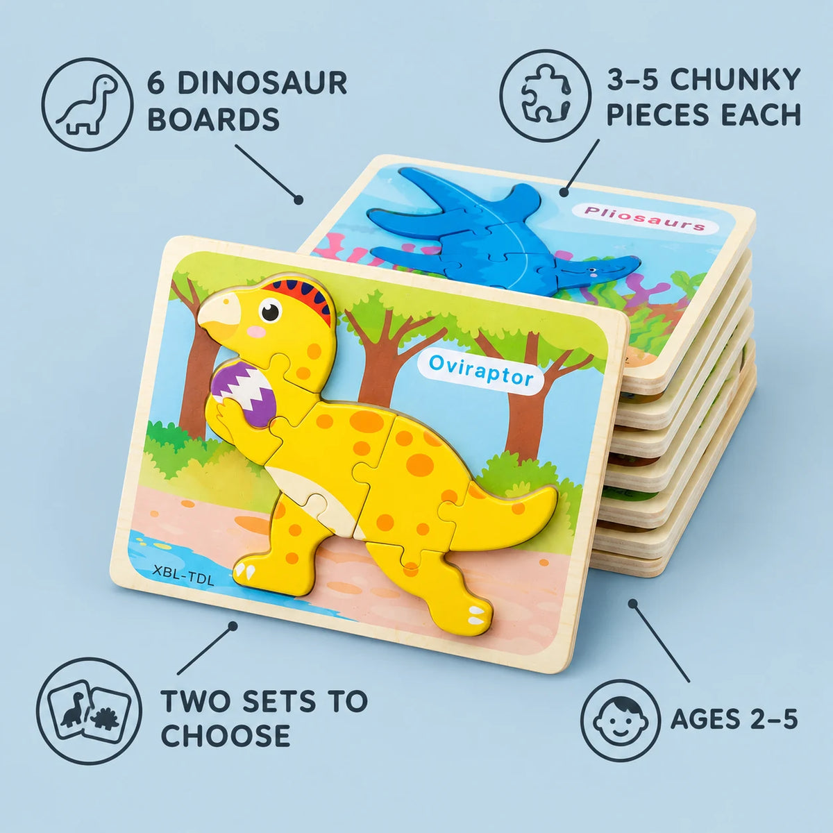 Dinosaur puzzle features: 6 dinosaur boards, 3 to 5 chunky pieces each, two sets to choose, ages 2 to 5