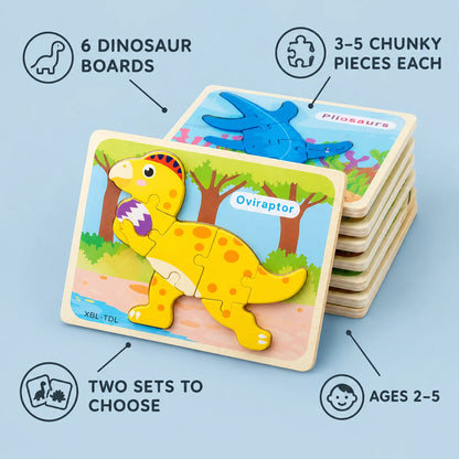 Dinosaur puzzle features: 6 dinosaur boards, 3 to 5 chunky pieces each, two sets to choose, ages 2 to 5