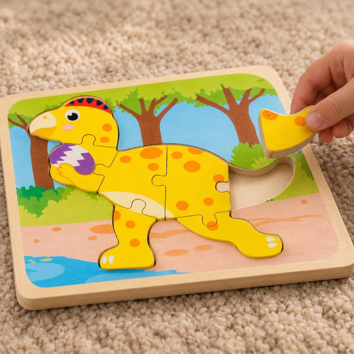 Toddler's hand lifting the thick tail piece from the wooden Oviraptor puzzle, showing the empty recess beneath