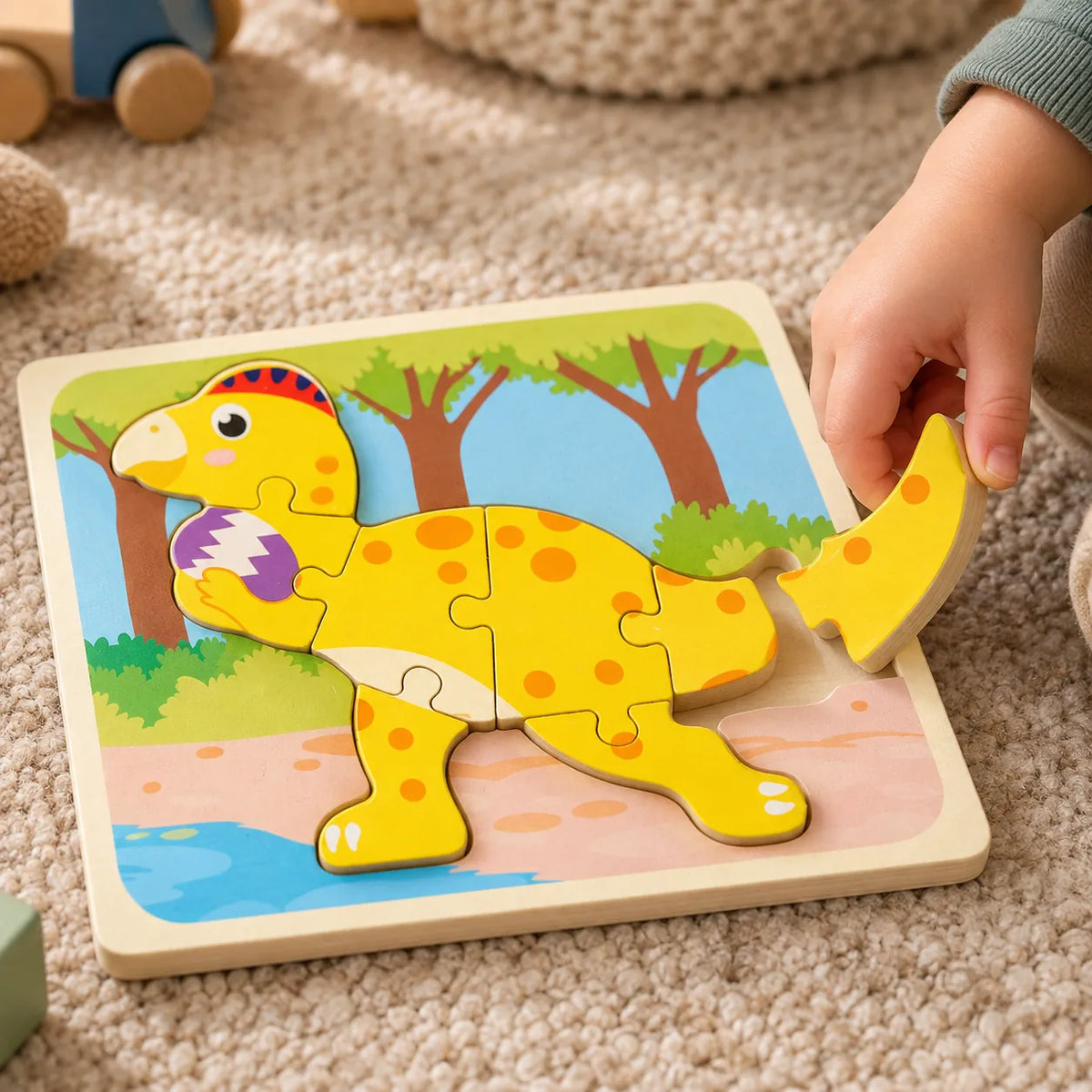 Toddler's hand lifting the thick tail piece from a wooden dinosaur puzzle