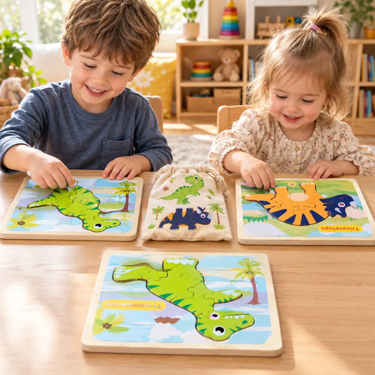 Brother and sister each working on a wooden dinosaur puzzle board at a low table