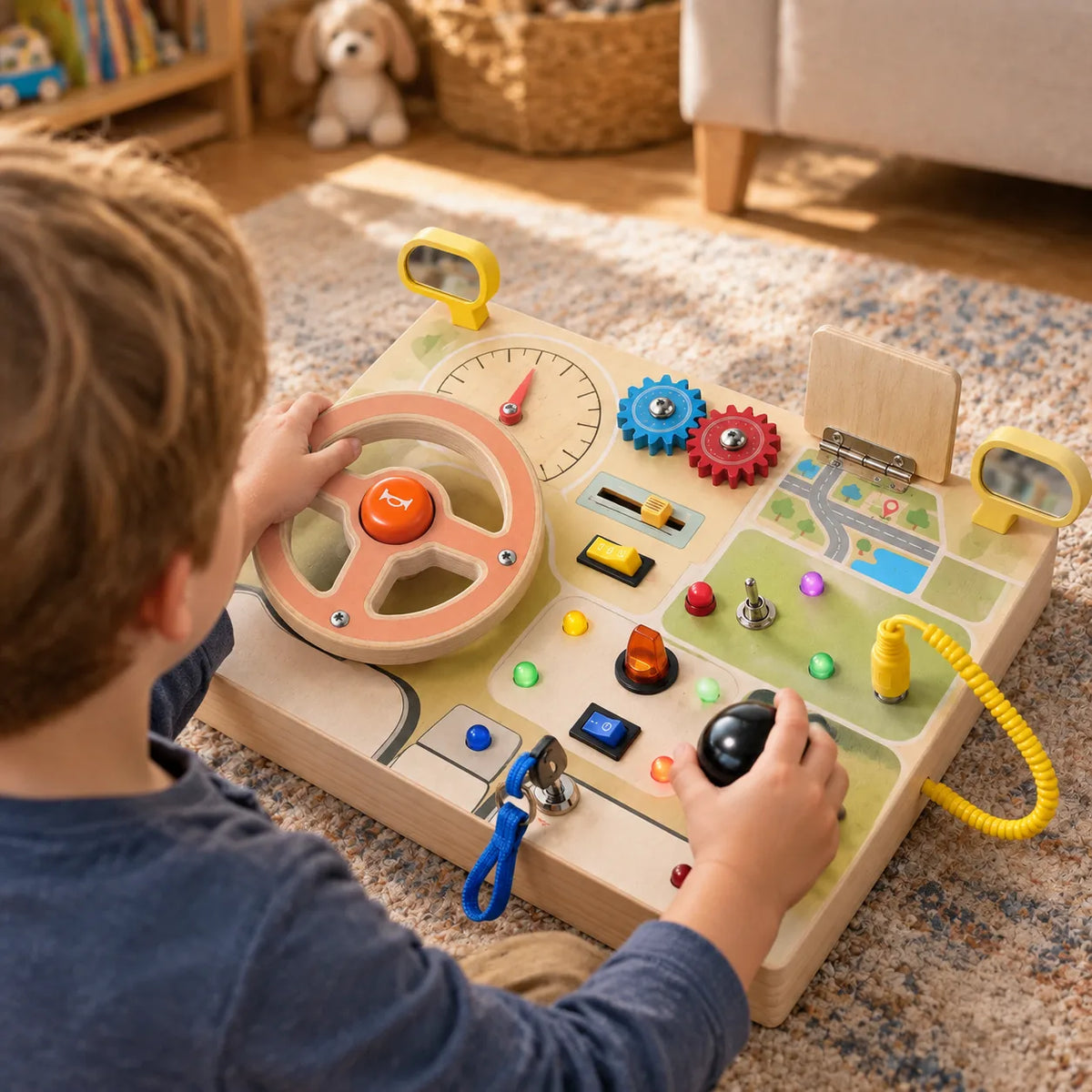 Over the shoulder view of a boy steering the wooden busy dashboard with one hand on the wheel and one on the gear lever
