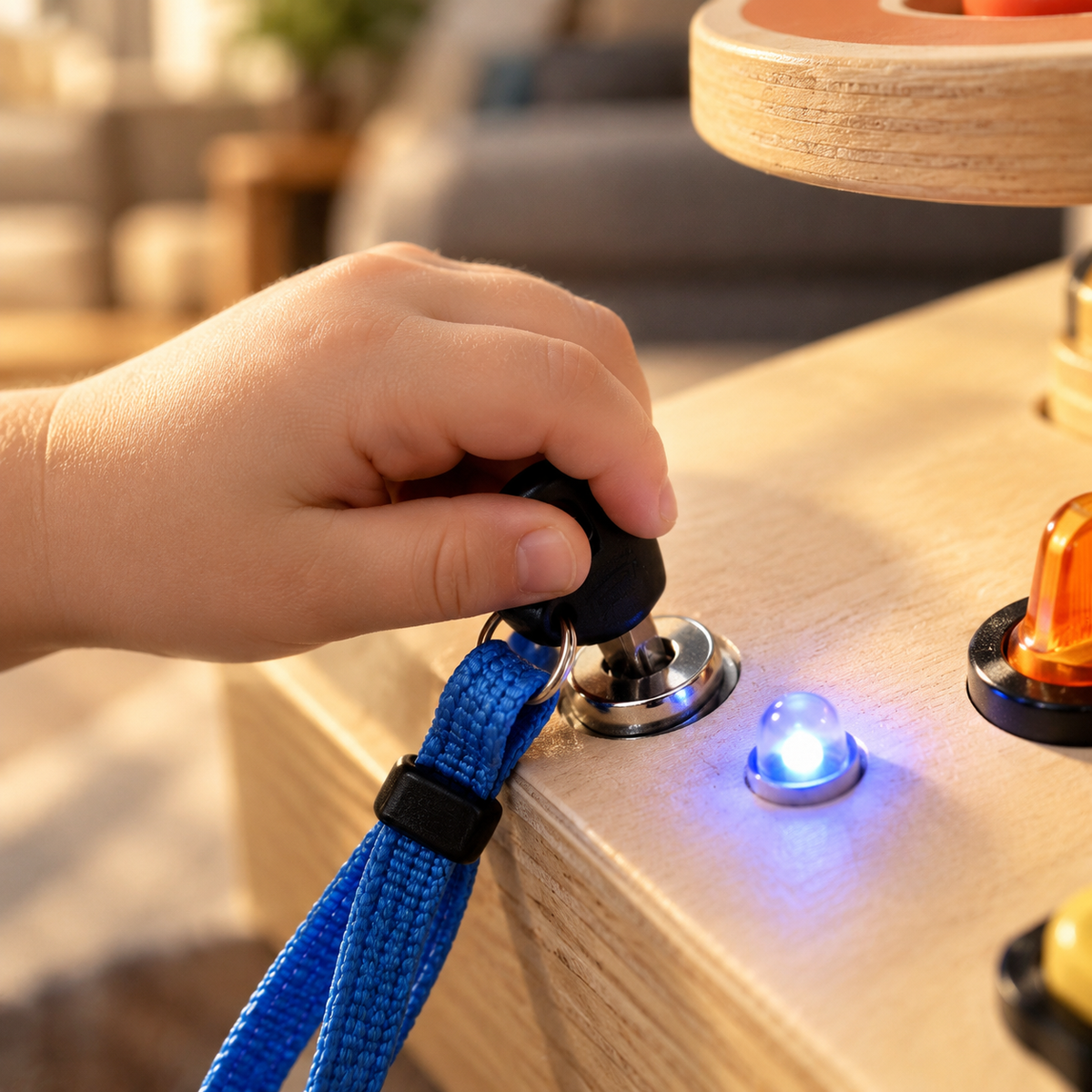 Child's hand turning the ignition key on the wooden busy dashboard