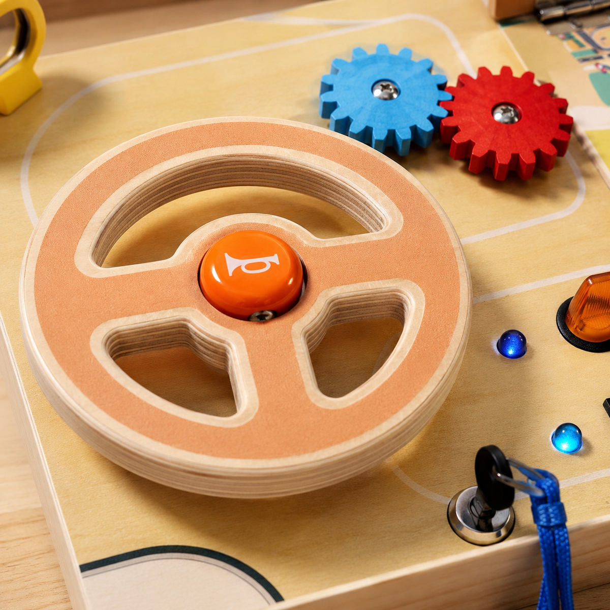 Close-up of the salmon three-spoke steering wheel and horn button