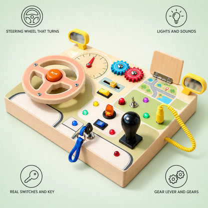 Busy Dashboard features: steering wheel that turns, real switches and key, gear lever and gears, lights and sounds