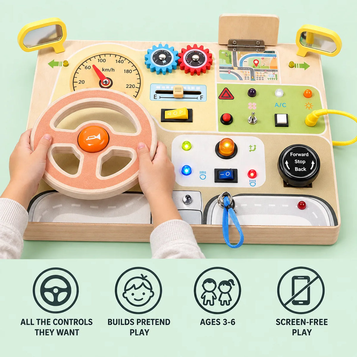 Busy Dashboard benefits: all the controls they want, builds pretend play, ages 3 to 6, screen-free play