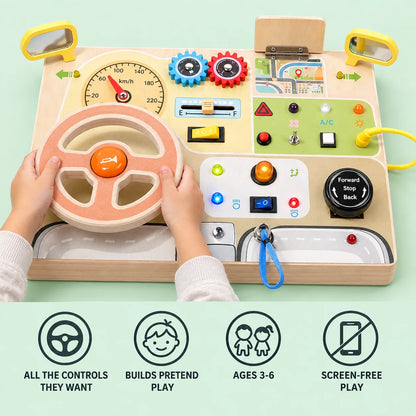 Busy Dashboard benefits: all the controls they want, builds pretend play, ages 3 to 6, screen-free play
