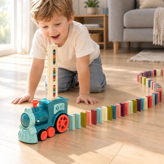 Boy watching the domino train lay a long curving line of coloured dominoes across the floor