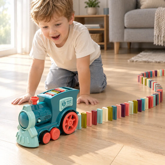 Boy watching the domino train lay a long curving line of coloured dominoes across the floor
