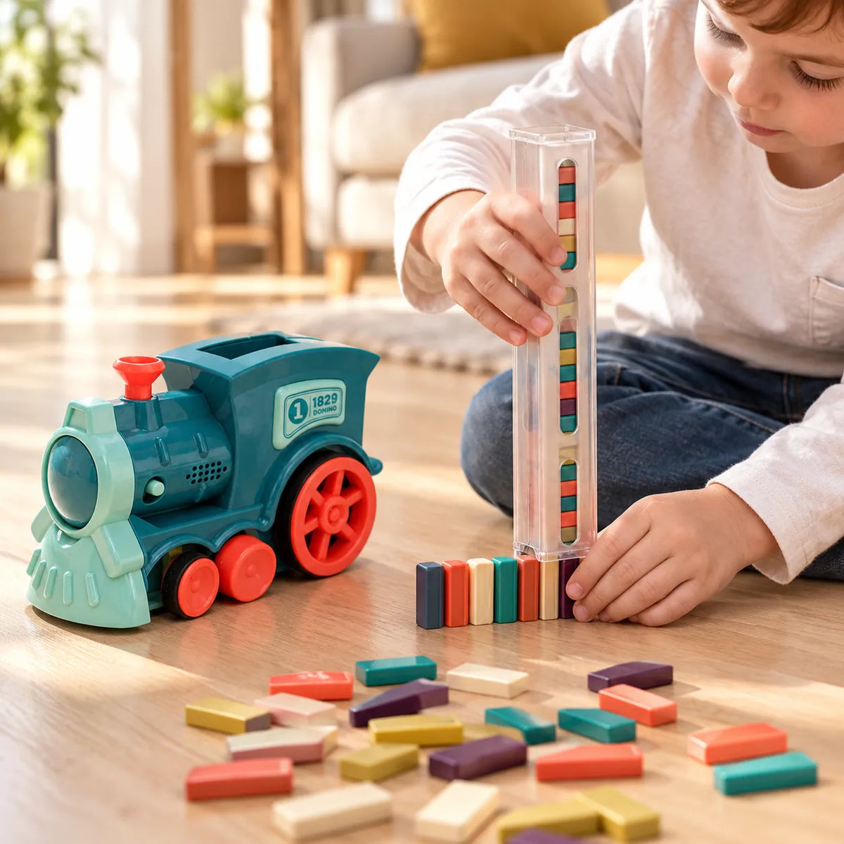 Child's hands pressing the loading cartridge down onto a row of dominoes beside the train