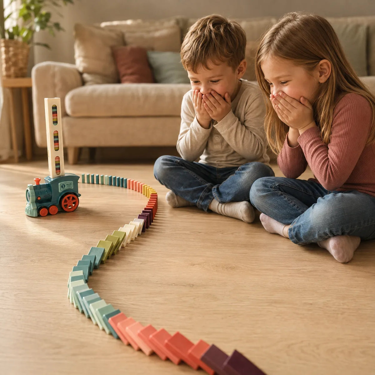 Two children laughing as the line of dominoes topples in a cascade across the floor