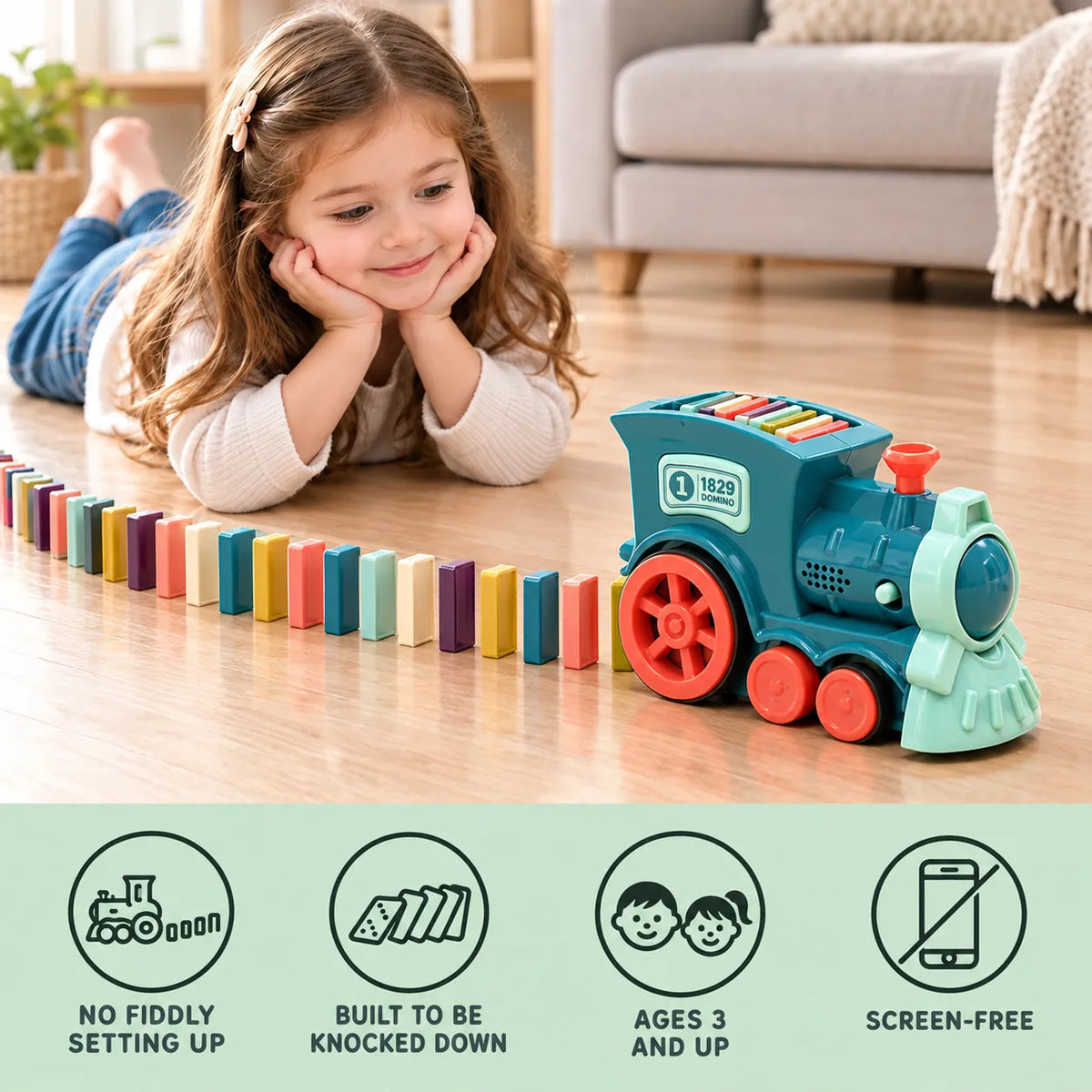Domino train benefits: no fiddly setting up, built to be knocked down, ages 3 and up, screen-free