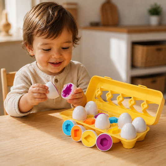 Toddler opening a matching egg to reveal the coloured shape inside, egg carton beside them