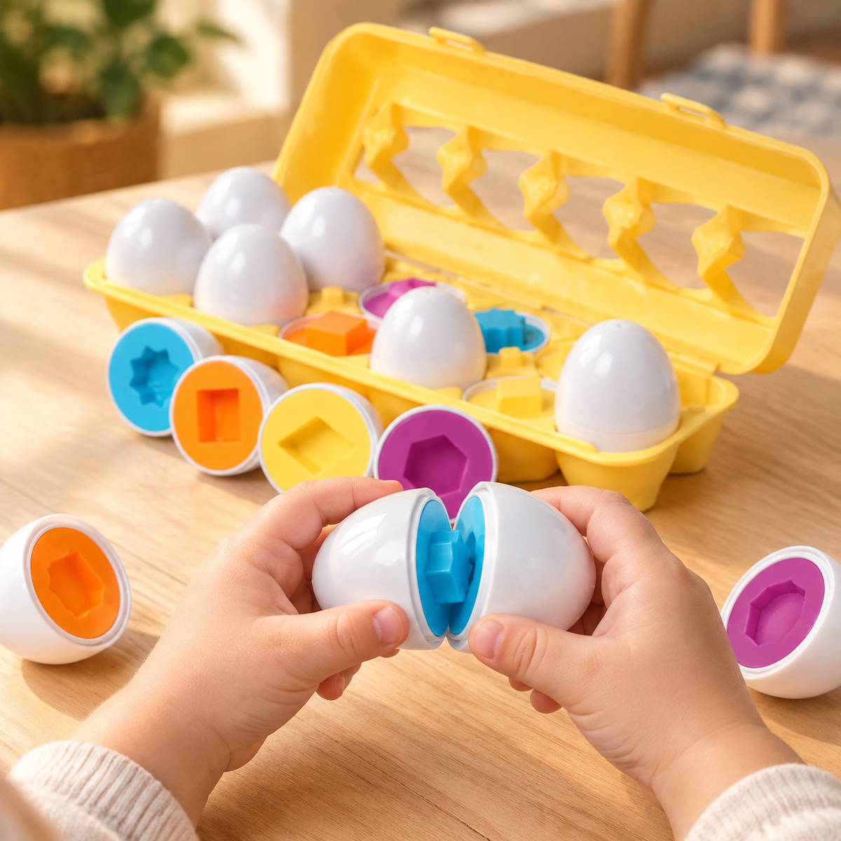Close-up of a toddler's hands twisting a matching egg apart