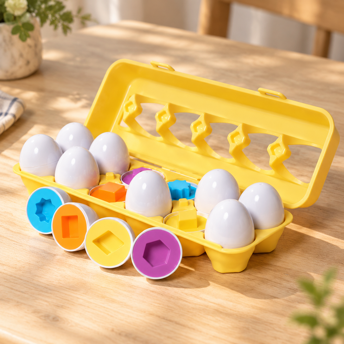 Yellow twelve-slot egg carton with white matching eggs and four split open showing coloured shapes