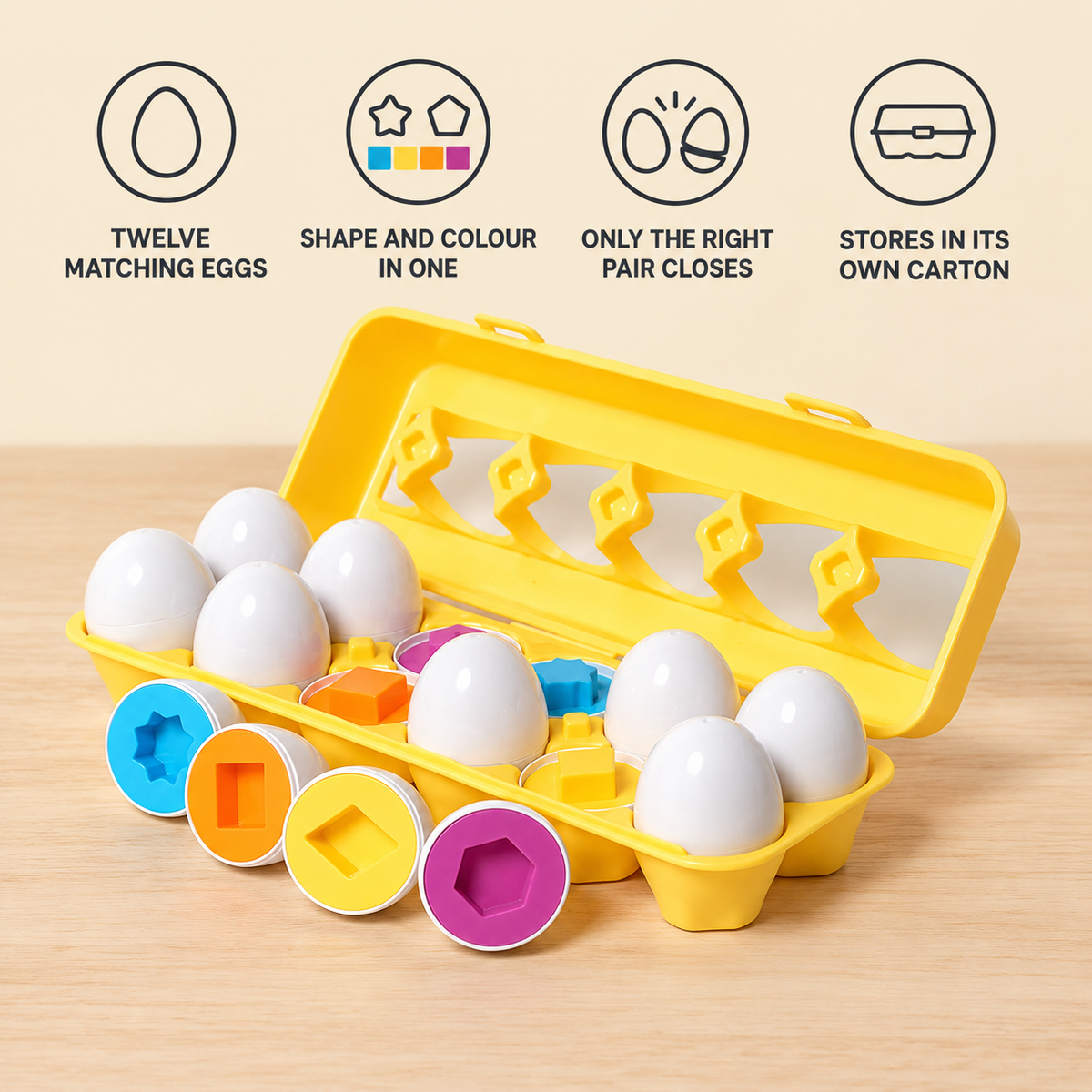 Geometric Eggs features: twelve matching eggs, shape and colour in one, only the right pair closes, stores in its own carton