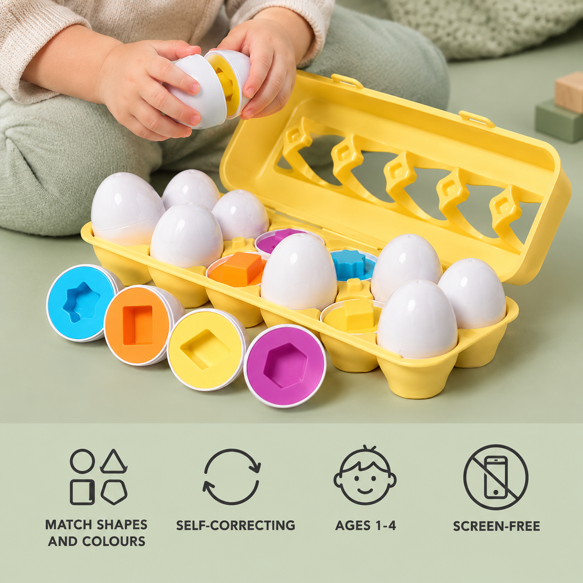 Geometric Eggs benefits: match shapes and colours, self-correcting, ages 1 to 4, screen-free