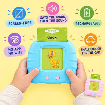 Little Cubs talking flash cards benefits: screen-free, says the word then the sound, rechargeable, no app or wifi